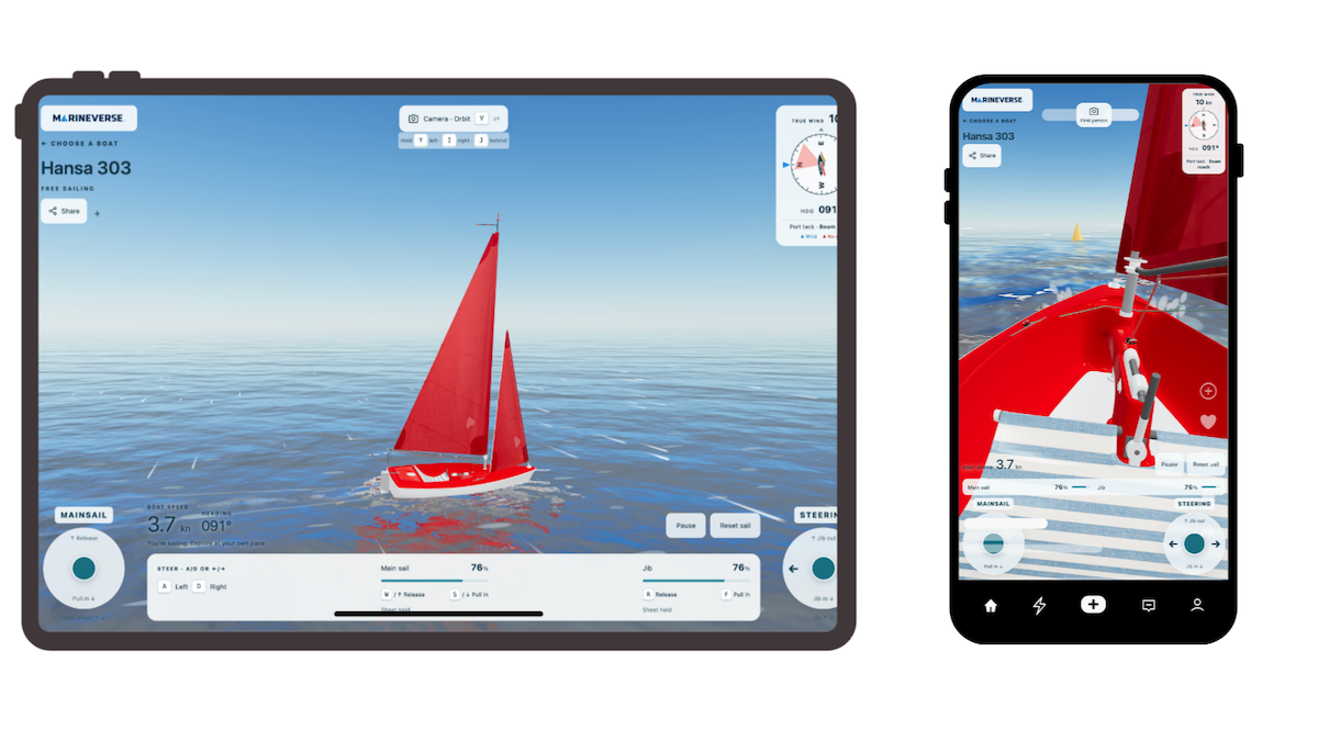 MarineVerse Try Sailing shown on a tablet and phone, with an outside view of the Hansa 303 and a view from aboard the boat.